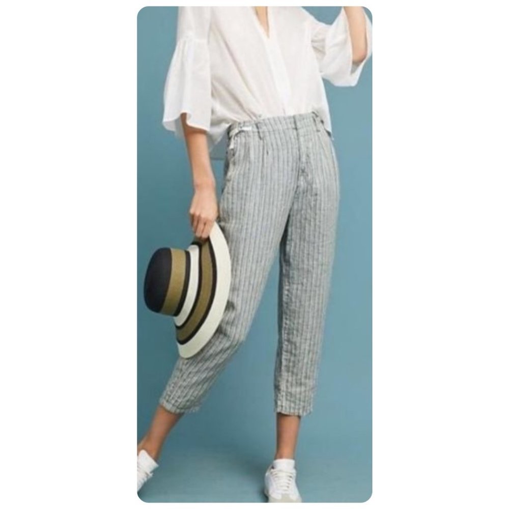 by Anthropologie Green Stripe Linen Pants sz 28